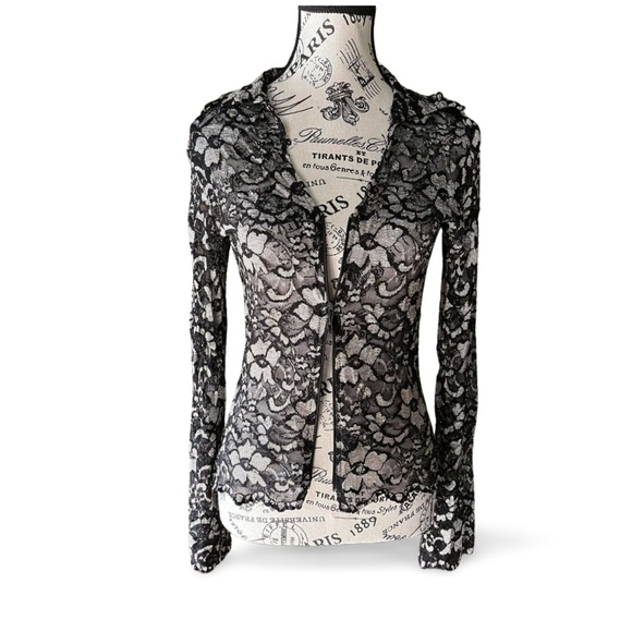 90s Black & Silver Lace Zip Up Y2K Holidays Elegant Blouse - Picture 6 of 7